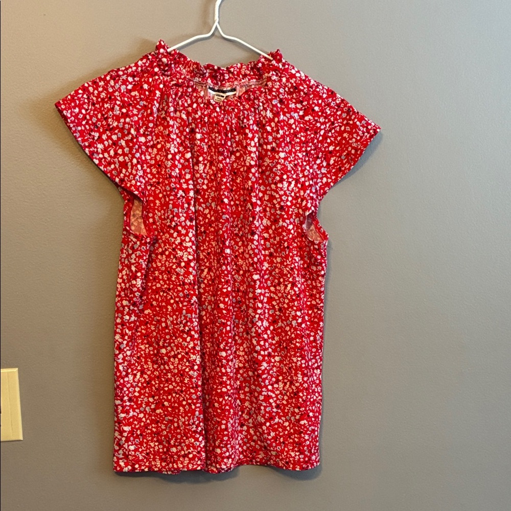 Jules & Leopold Red, Blue and Ivory Patterned Blouse. Made in Canada